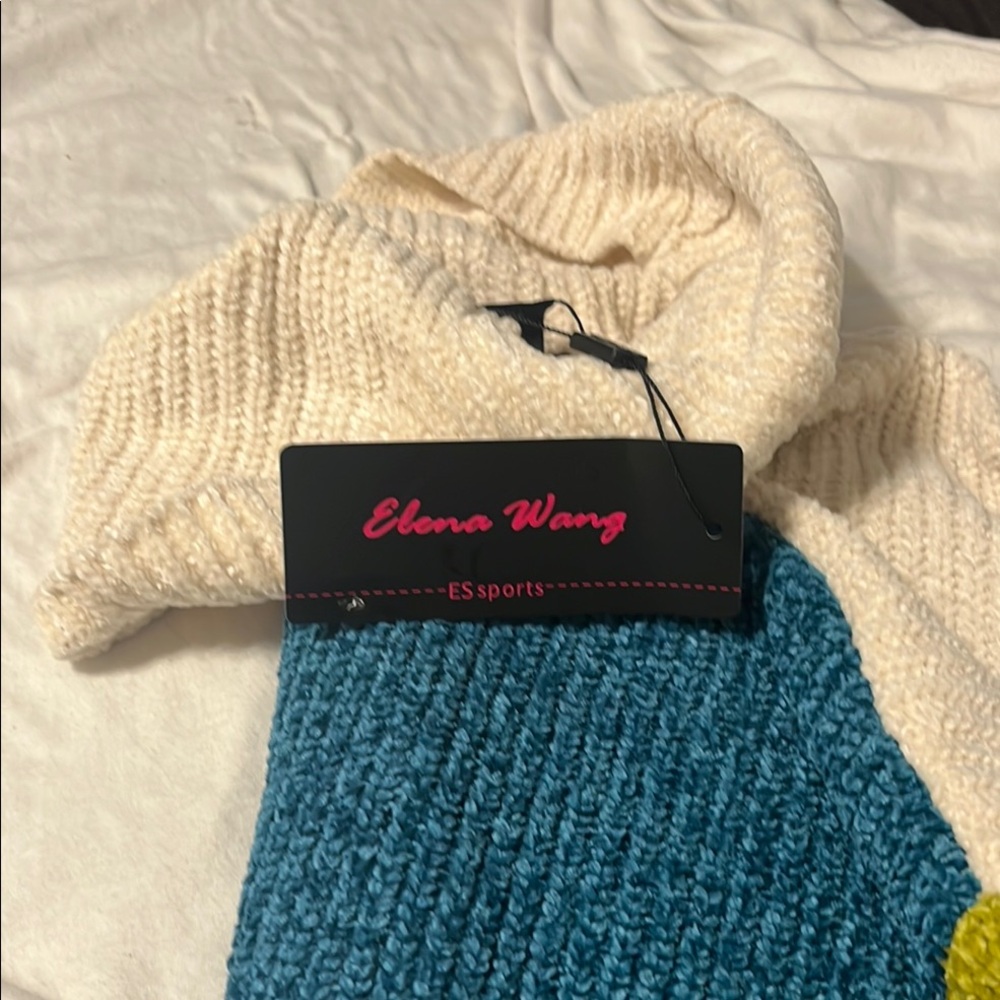 Elena Wang Cream and Blue Cowl Neck Sweater with Chunky Knit